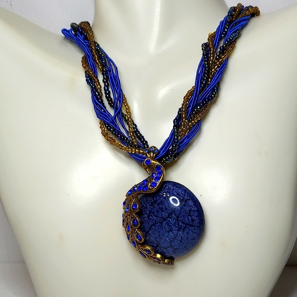 Blue Peacock Pendant on braided beads 18 in - Picture 1 of 7